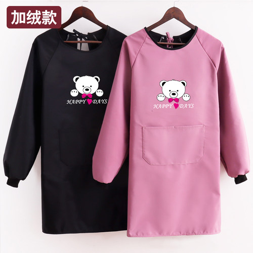 成人加绒围裙时尚长袖反穿衣工作服男女防水防油加厚罩衣定制印字