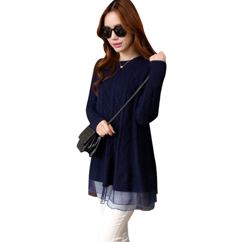 秋季新款女装宽松套头毛衣下摆蕾丝外套中长款显瘦打底针织衫