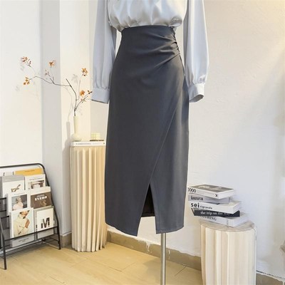 高级感灰色开叉半身裙女春夏中长款高腰a字包臀显瘦气质西装裙子