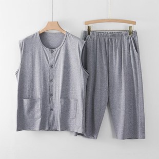 家居服高腰七分裤 背心对襟砍袖 套装 夏季 中老年人男士 汗衫 宽肩开衫