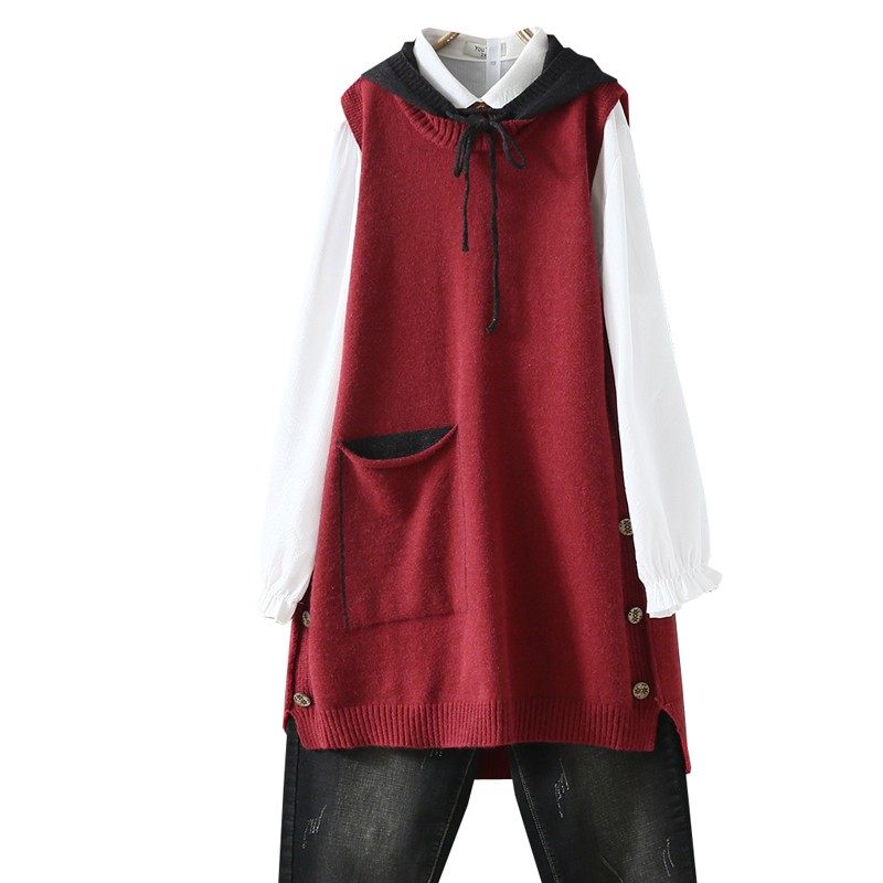 春秋大码文艺范连帽中长款无袖针织衫马甲女式套头宽松马夹背心裙