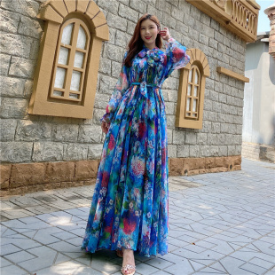 2021春新款女装夏季大码雪纺碎花到脚踝超长款沙滩长裙连衣裙