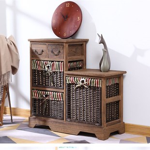 简约卧室高低柜实木床头柜藤编抽屉式收纳斗柜美式田园多层储物柜