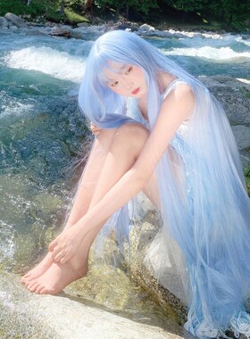 美立方假发蓝色超长直发女全头套cos万用长发lolita130cm一米三毛
