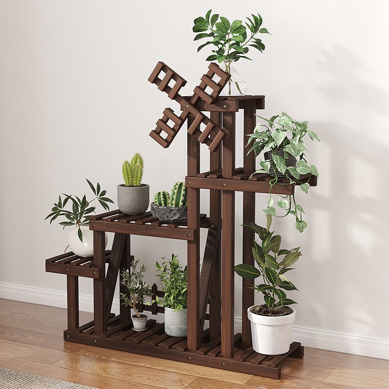 复古风车花架置物架胡桃色阳台花架绿植架子实木多层花架落地架子