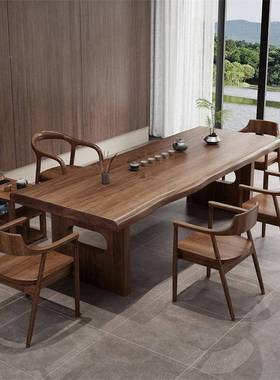 新中式桌实室木茶桌自YIC然边原木大泡茶椅办公会客禅板意功夫泡