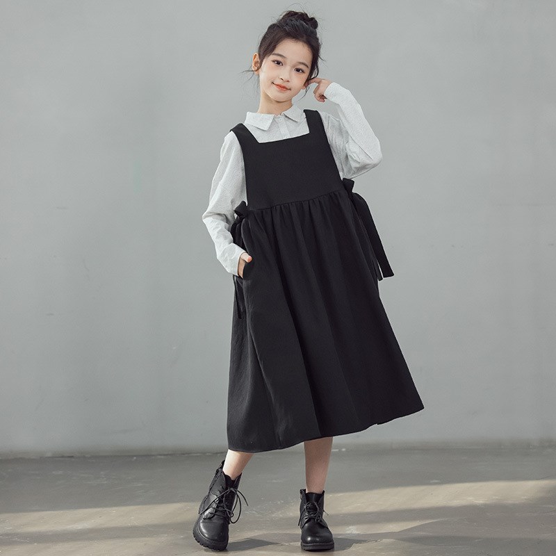 2024春季新款女中大童宽松休闲背心裙两件套洋气裙子翻领衬衫套装