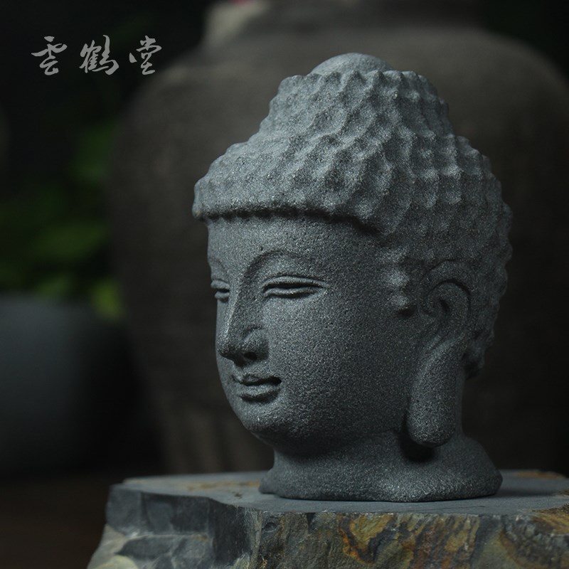 乌金石茶桌茶宠摆设小佛首 创意茶室禅意佛像石雕茶玩摆件精品