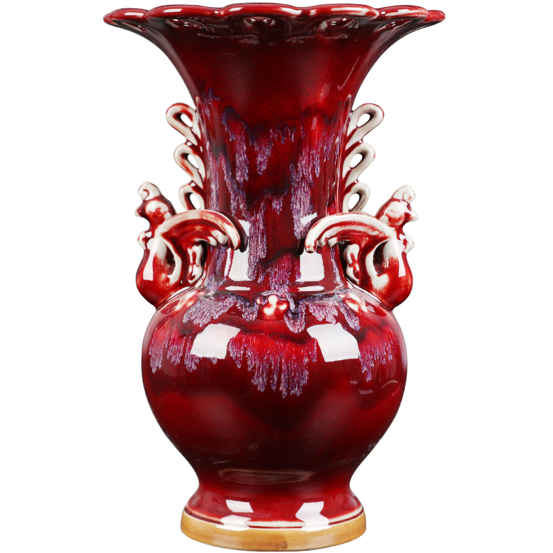 陶瓷器花瓶凤尊窑变红色钧瓷插花器家居客厅装饰品酒柜工艺品摆饰