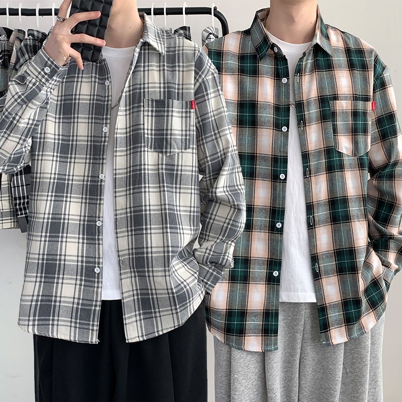 灰格子衬衫男士2024春秋季新款复古长袖黑白格衬衣青年外套男褂子