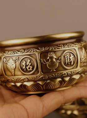 纯铜有求必应聚宝盆莲花底八宝图聚宝盆铜器工艺品家居装饰品摆件