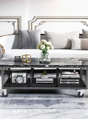 0A13375美式铁艺用可移动功几客厅带轮多能大理家石茶桌长方形茶