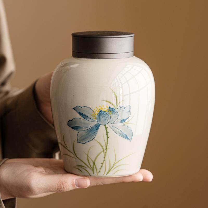 家草木灰蓝荷花茶罐密精封罐品23JS11-3高档用存茶罐防潮大茶仓茶