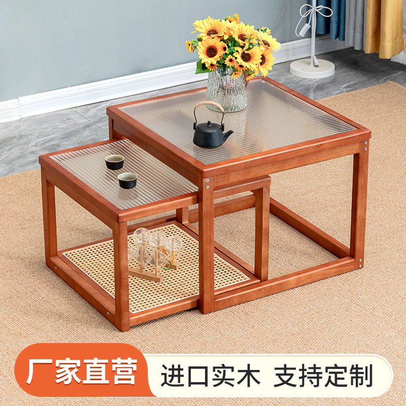 实木藤编双层移动多功能茶几