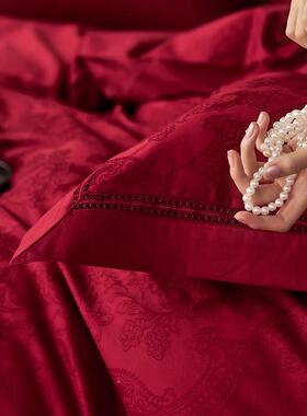 端LY4522红色100S全棉四件套大红喜庆高结纯婚庆嫁娶绣提花棉被套