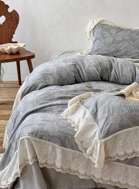 法复风四件套新款式棉植物慵懒提花蕾丝刺绣古中古84209风麻床单