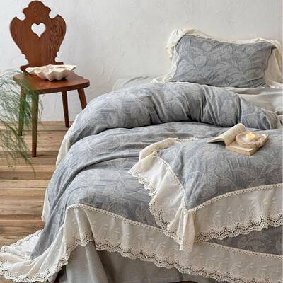 法复风四件套新款式棉植物慵懒提花蕾丝刺绣古中古84209风麻床单