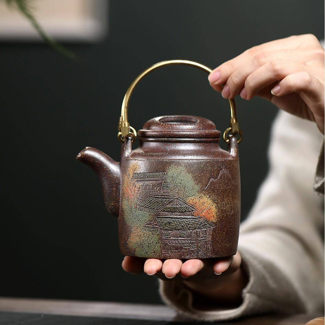 宜兴紫砂高壶原矿沉香泥供温柴烧彩绘山水洋桶高茶壶直ZHIFU111播