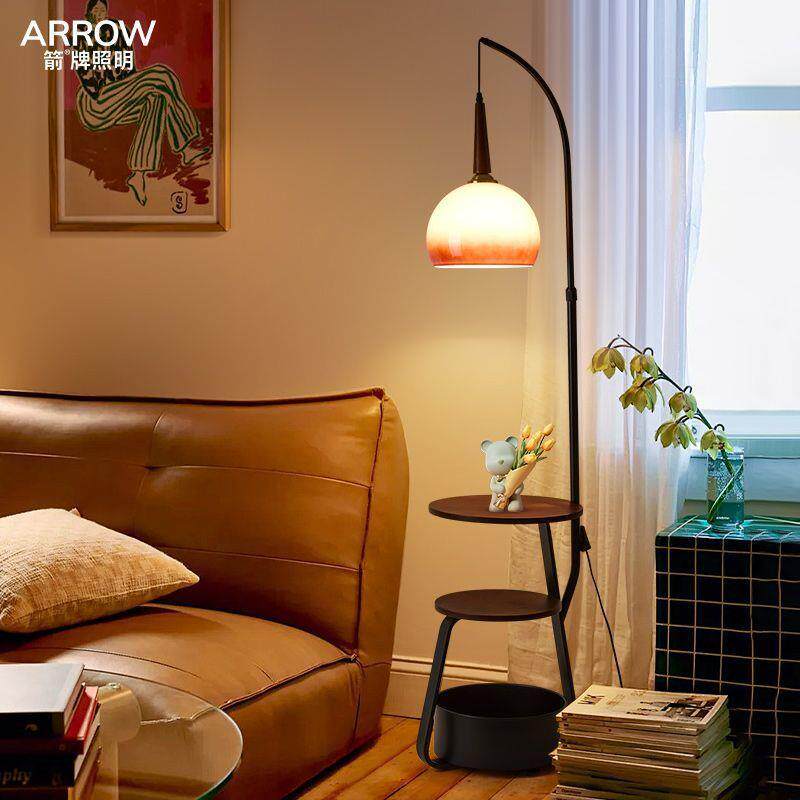 中风落地灯客厅沙发边柜几置物架古卧室床头台一体网红氛968围灯