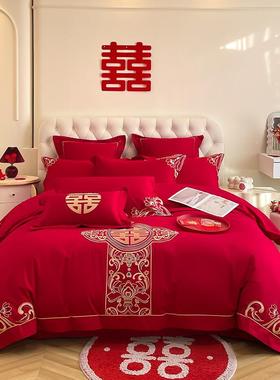 高婚全棉婚庆档四件套MIL新大红色被套纯棉龙凤刺绣结上婚陪嫁床