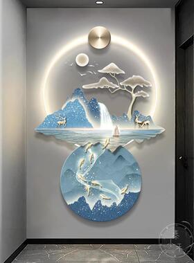 新玄关装画饰轻奢高档道蓝色灯画款九鱼图走廊过挂画入户迎232902