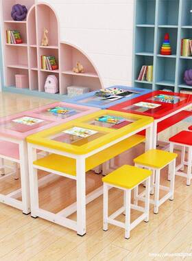 小幼儿园学桌生双层手工美术绘画圆角钢化EJF璃玻桌画室课桌椅组