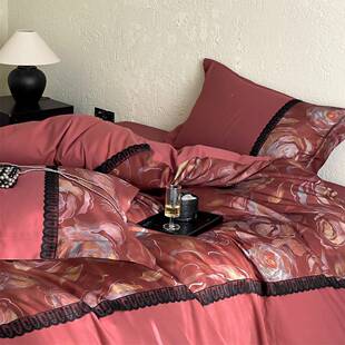 新中色式庆酒红婚棉简35268约刺绣磨毛四件套花卉长绒棉全婚嫁床