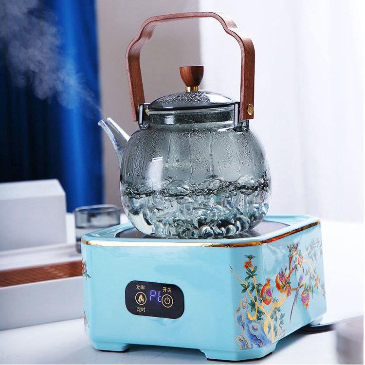 高硼硅蒸色煮一体提梁壶烟灰黑胡桃木把手璃VVE泡壶围炉茶煮茶玻