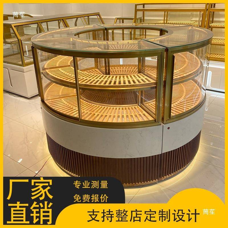 面包展示柜圆形中岛柜不锈钢镀钛新款弧形玻璃模型烘焙定.制