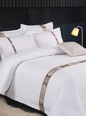 款酒店仿棉四件纹加QIM厚斜织带款纯白色布草宾馆民宿新1.5套床套