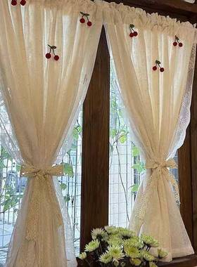 法层双碎蕾丝窗帘门34317帘免打孔安装透光不透人隔花断式奶油田