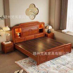 中式紫m檀木实木主床卧室高端MPS雕花大1床头带灯.8储物2米双人婚