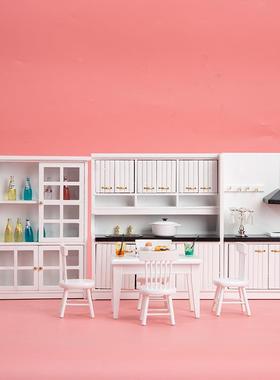 1:12娃娃屋MJWdolh理ouse迷你微厨房料台餐缩桌椅橱柜套装场景l道