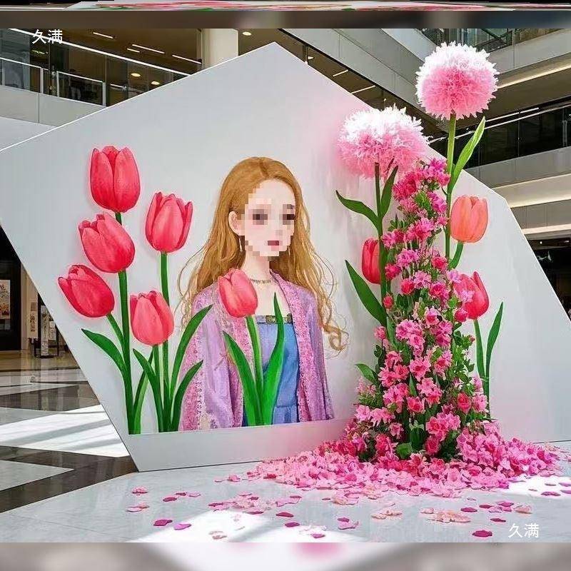 大墙花置艺女HSR孩头发开花春游户外绘花装型饰布美陈拍照打卡点