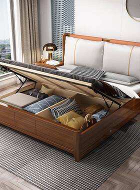 胡桃AHQ实木床木1用8米双.人床1.5m现代简约家主卧中式储物软包婚