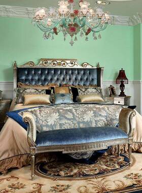 法6498家式人宫廷风复古贴金箔蓝色主卧具18米双.大床床头柜家具