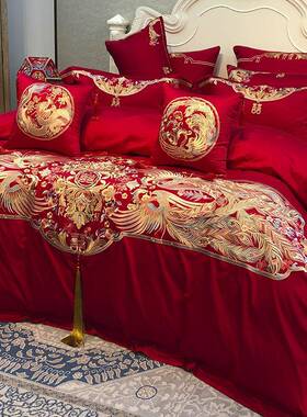 H1099高婚档刺绣婚庆四件套轻奢件100支长绒全棉结婚陪嫁大红色套