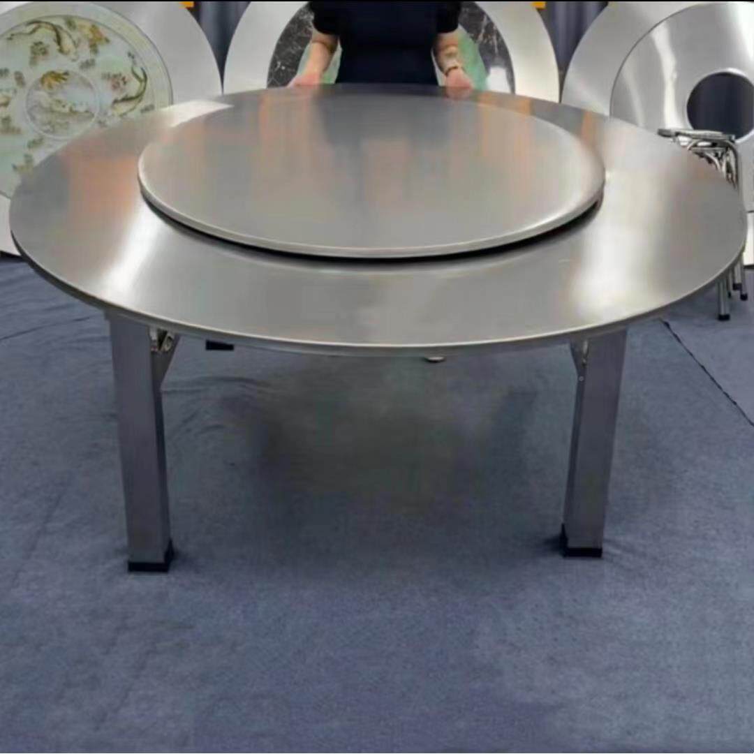 1.米置~2米特大特粗RVO管80方桌腿不锈钢5外转盘连体圆桌折叠餐桌