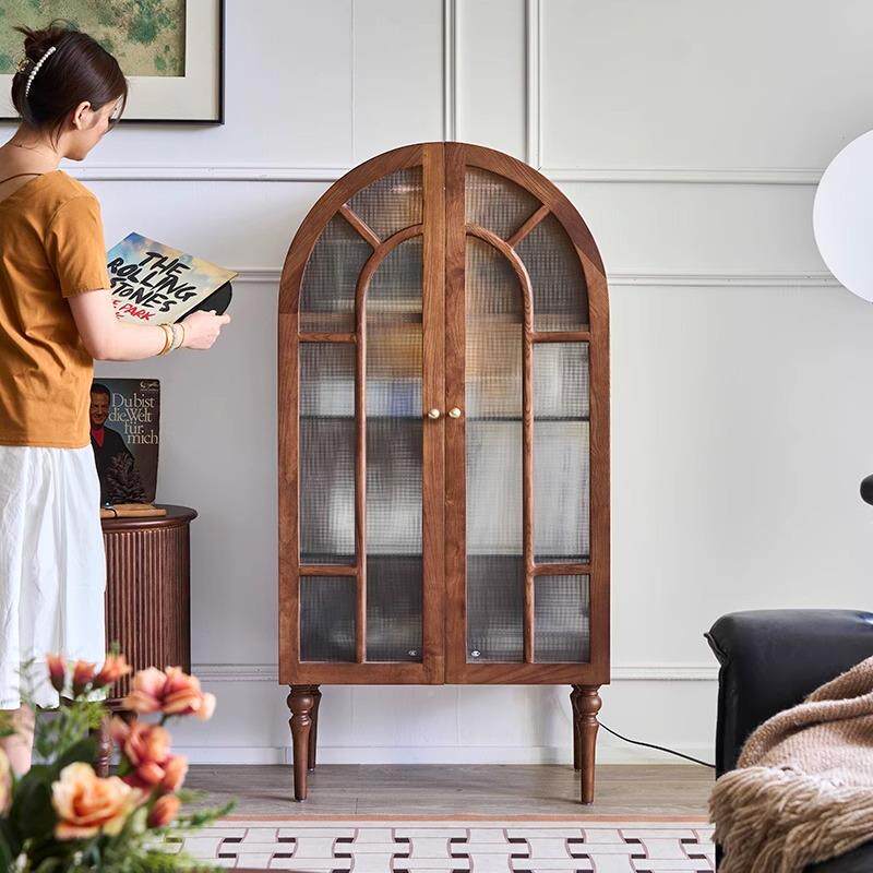 法式复古实木弧形边柜子客厅开门双收纳柜黑酒色储VXP物柜靠墙玻