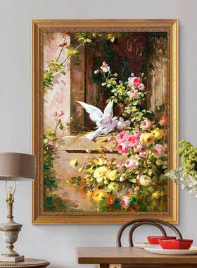 世界名挂画欧画式牡丹油画双别墅花园景玄关过道壁炉装饰画比EQG