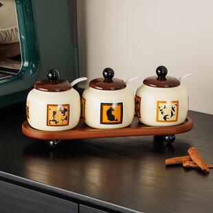 家用精厨合房调味罐瓷带盖调料盒轻奢中古风味盐陶罐套装组调味罐