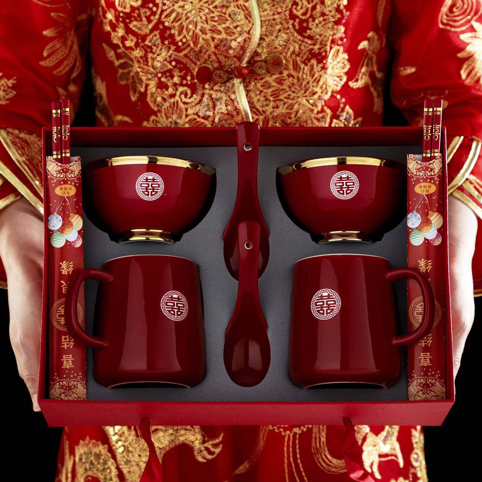 中婚庆瓷喜碗敬茶杯红色喜杯庆新人320改式口对对碗8件套结婚礼陶