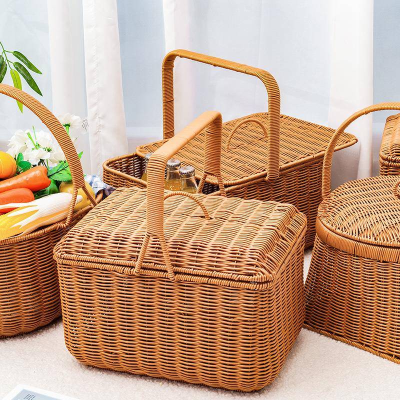 P仿藤塑料编织提方形野手餐篮新款野餐P仿藤篮购物篮菜篮采摘果子