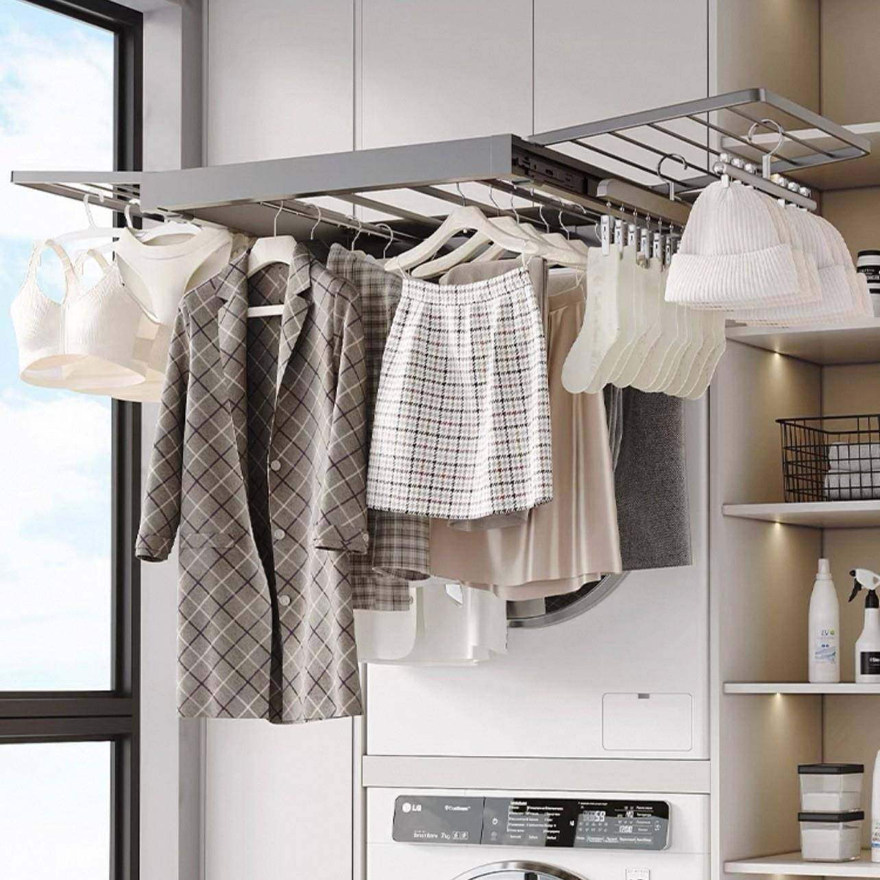 阳衣洗衣机抽拉架烘干机上方伸缩隐形叠晾衣架反折弹置物架233滑