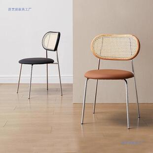 中古阳北欧藤编椅子网宿红ins实木餐凳椅靠背椅简约家ZUB用民台子
