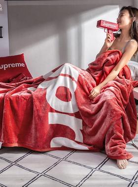 毛ins网红潮牌个黑色双面舍珊瑚绒小毯宿性单人床单盖毯子午UPA睡