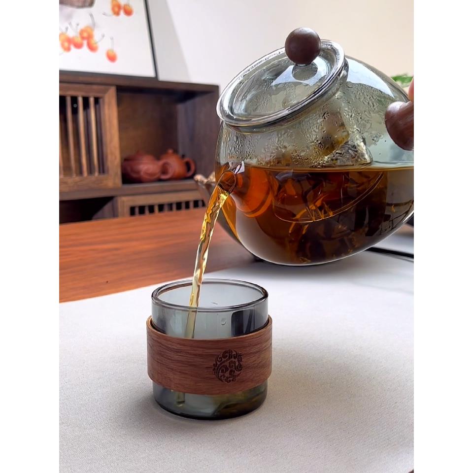 茶侧单把茶玻璃煮茶器耐高温大容量木把YPL壶过滤烧水泡器茶具单