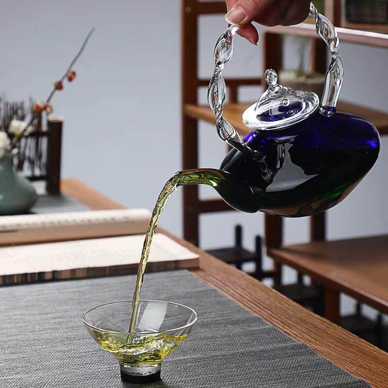 厂家轻奢克莱蓝色硅花茶壶扭因纹水吊泡茶壶高硼玻璃88煮茶壶