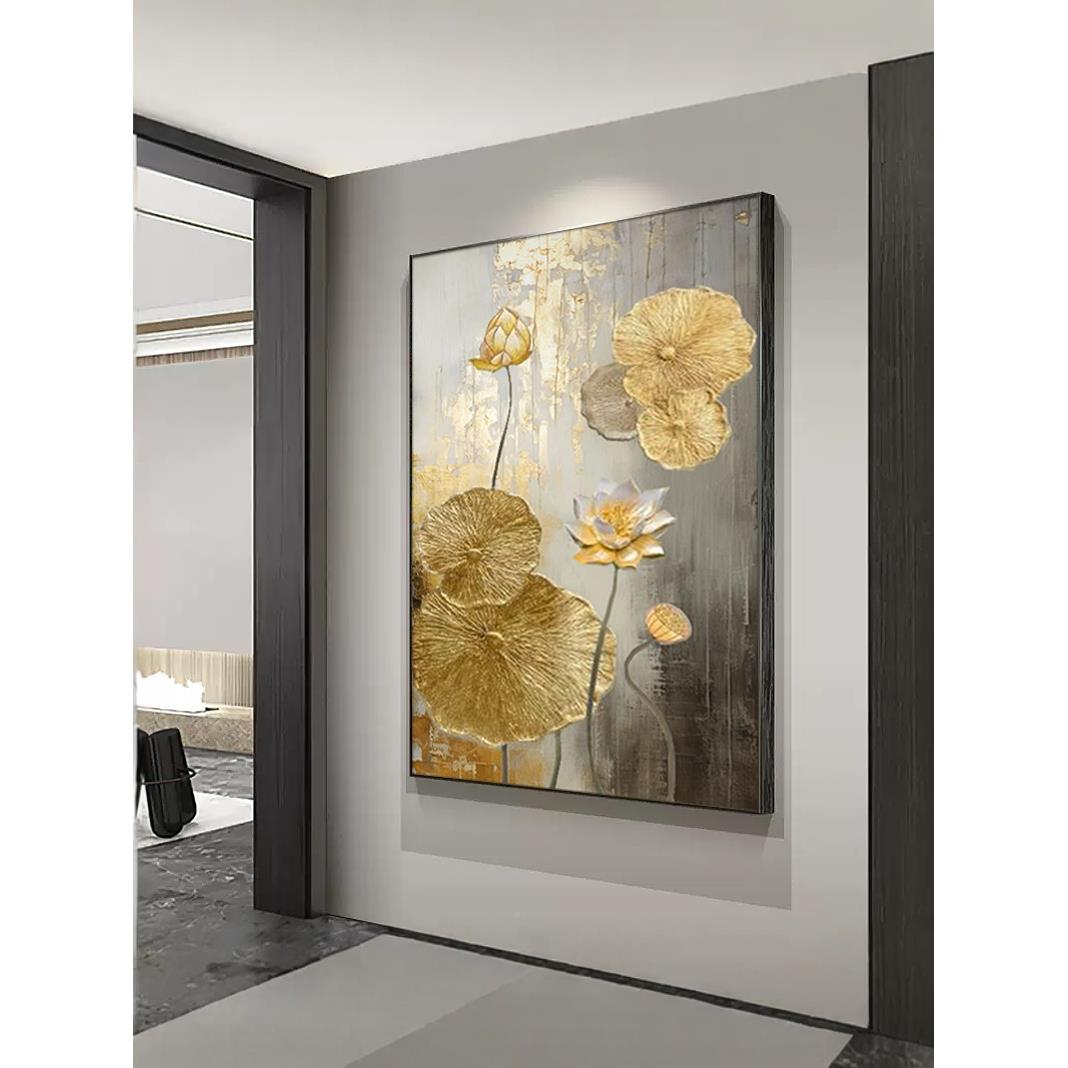 手绘画箔荷油花东南亚泰式玄关装饰走廊过道挂byj-8526画画金抽象