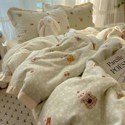 A套类法式小清新水层洗棉床品四件套双纱布边床单花被套宿【自营